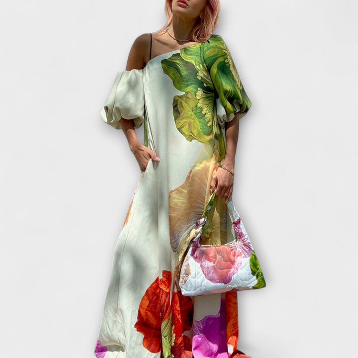 Skylar - Maxi Dress with Floral Print, Asymmetrical Neckline, and Puff Sleeves
