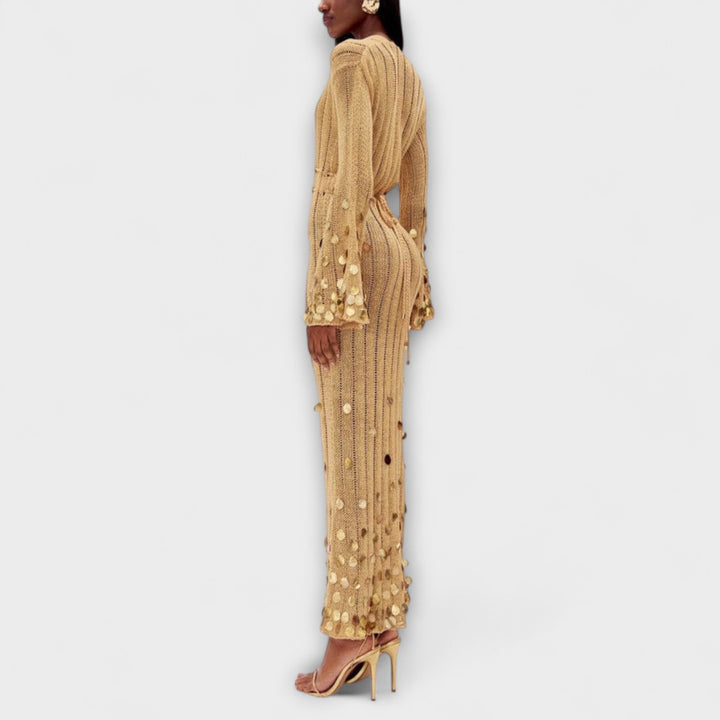 Kathleen - Gold Knit Maxi Dress by Dolly