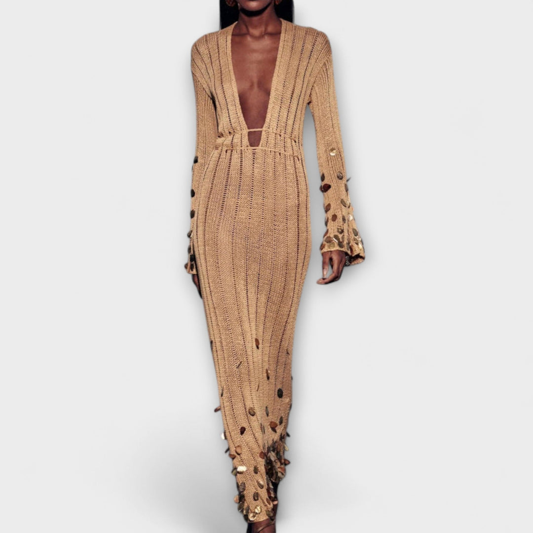 Kathleen - Gold Knit Maxi Dress by Dolly